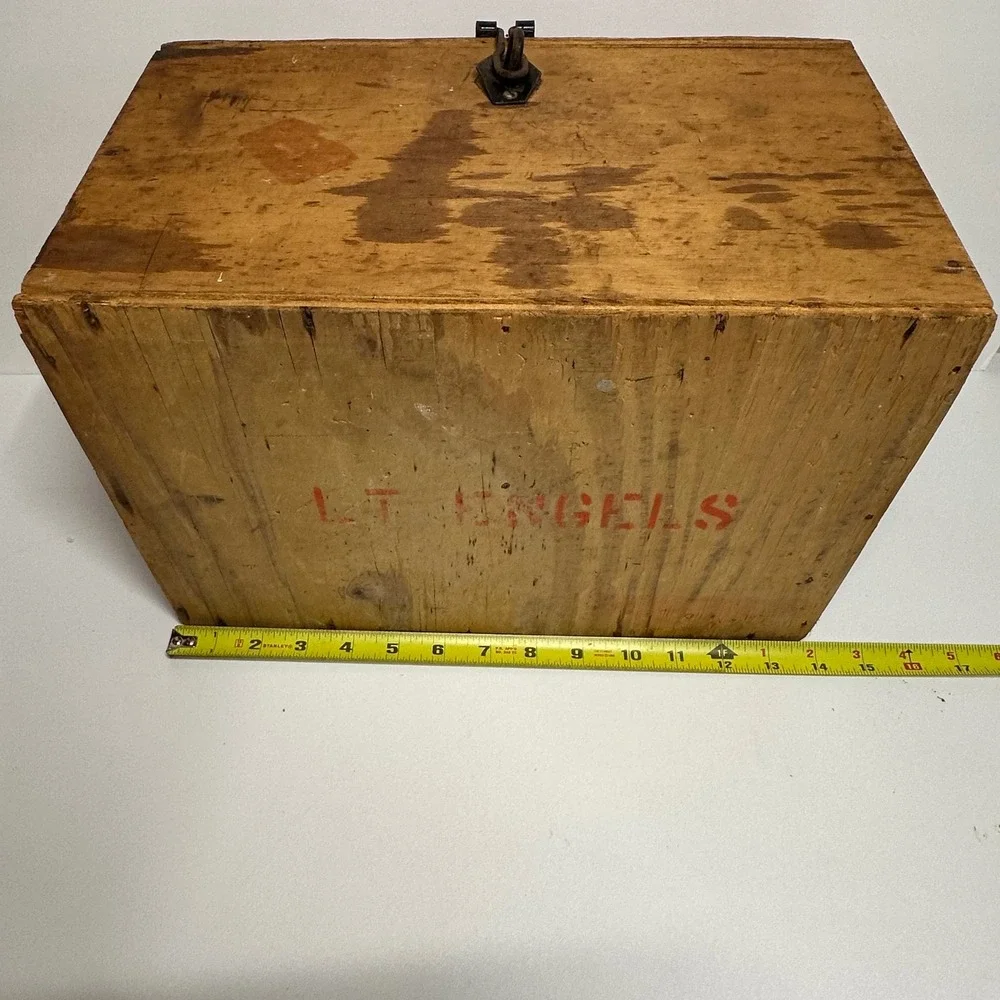 Vintage Small Wooden Military Footlocker Storage Chest Brown LT Engels Stencil